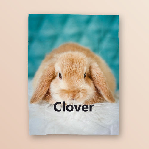 Custom pet photo plush blanket showing a rabbit photo and the name Clover