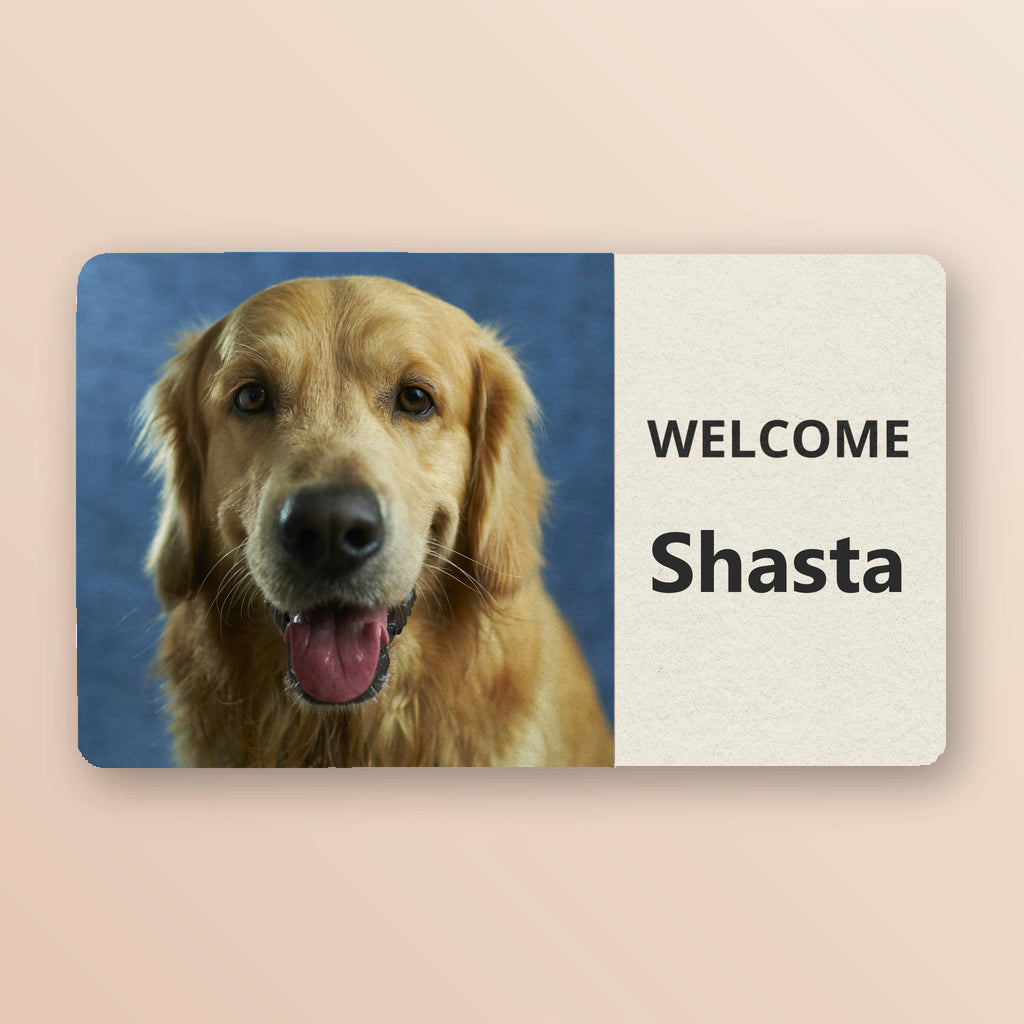 Custom pet photo doormat showing a golden retriever photo and Welcome Shasta