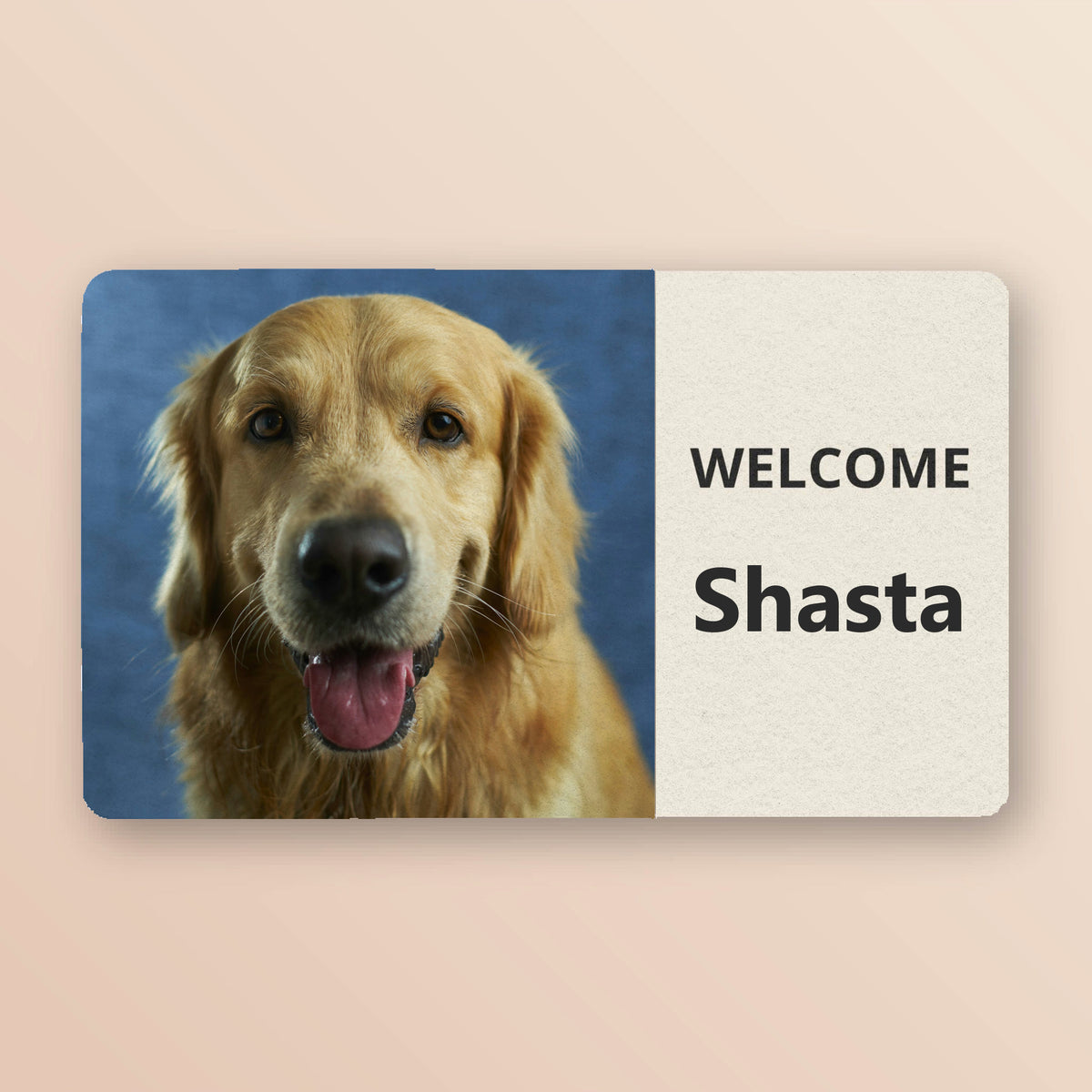 Custom pet photo doormat showing a golden retriever photo and Welcome Shasta