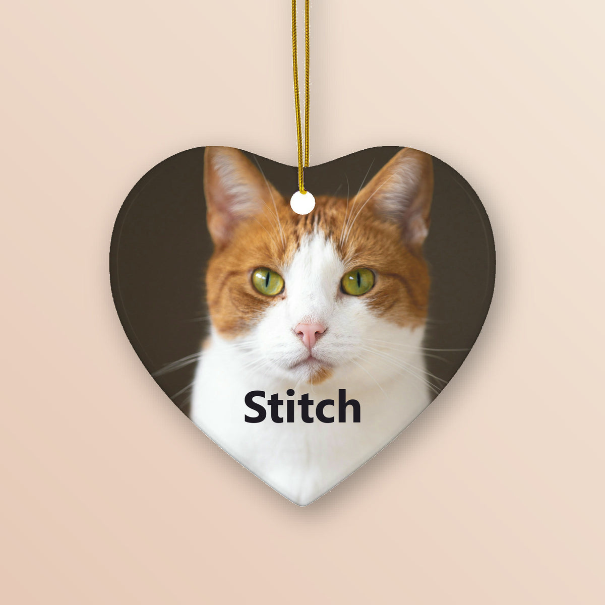 Custom pet photo heart ornament showing a cat photo and the name Stitch