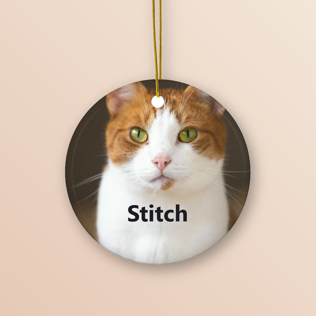 Custom pet photo ceramic ornament showing a cat photo and the name Stitch