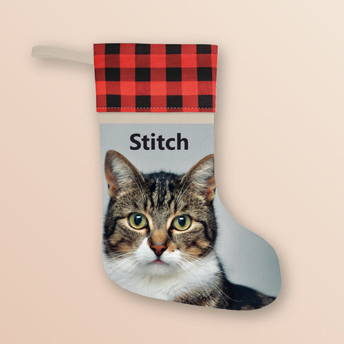 Custom pet photo Christmas stocking showing a tabby cat photo and the name Stitch