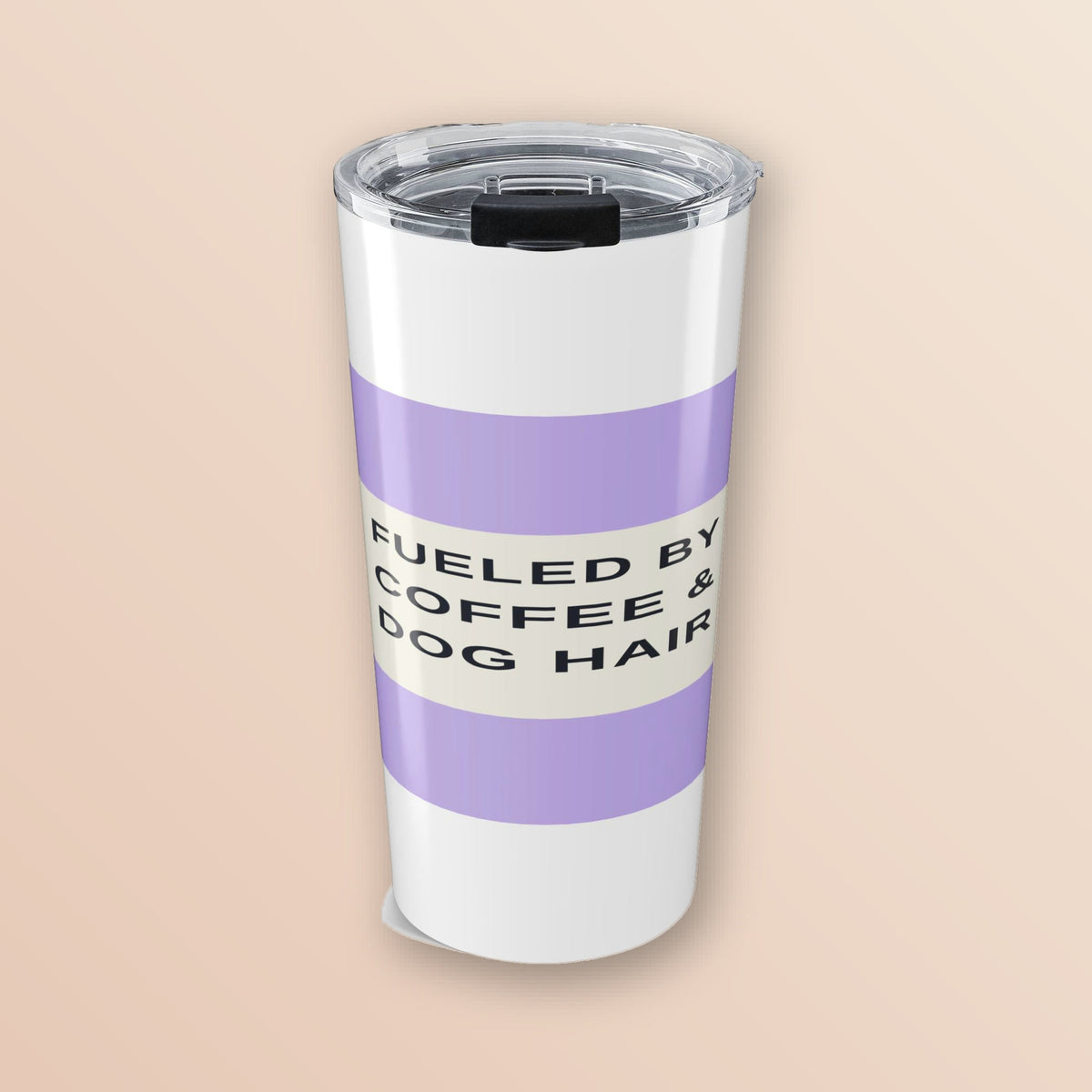 Fueled by Coffee and Dog Hair 20oz lilac tumbler, front